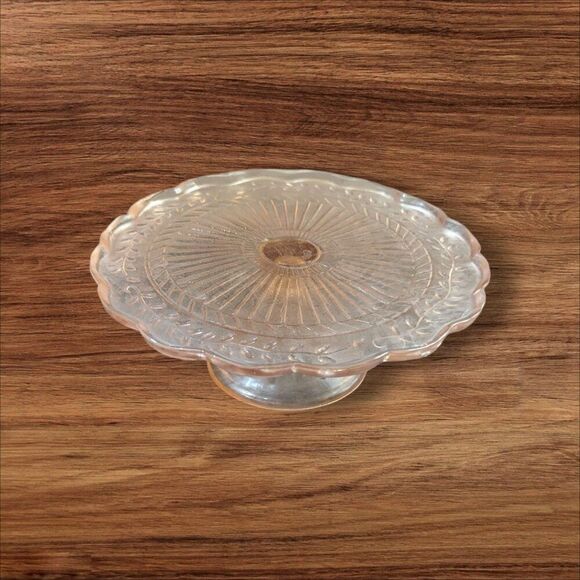 Vintage Pink Depression Glass Cake Stand With Scalloped Edges & Floral Design 9" - Picture 1 of 9